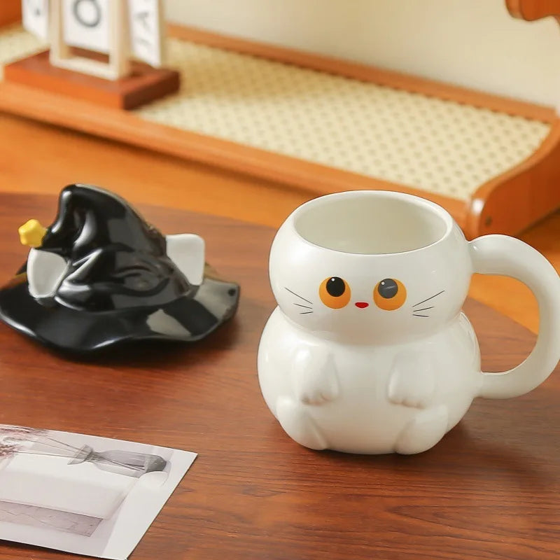 Creative Magic Hat Cat Ghost Ceramic Mugs with Lid Personalized Coffee Cups Couple Milk Cup Breakfast Mug Halloween Gifts