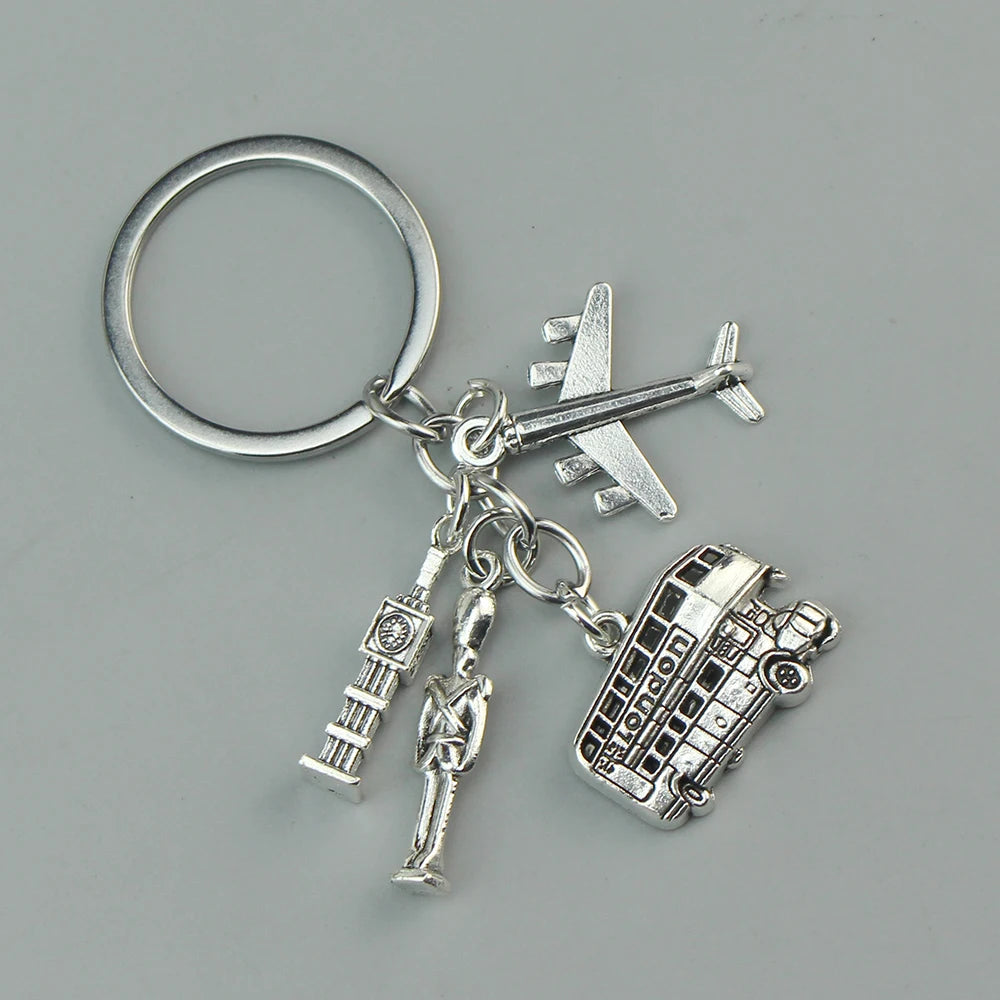 London Keychain Big Ben & Bus Charm Keyring with Camera - Engraved England Travel Souvenir Gift for Backpackers