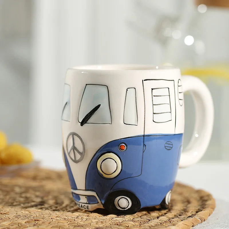 Creative Hand Painting Double Bus Mug Cartoon Ceramic Milk Tea Water Coffee Mugs Home Office School Drinkware Cup Novetly Gifts