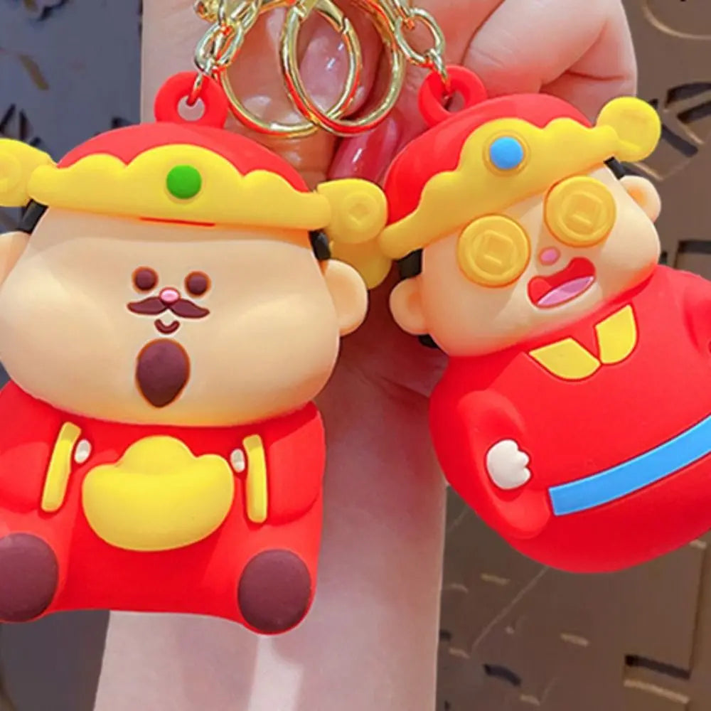 Creative Pinched Toys God of Wealth Keychain Lucky Blessing New Year Key Ring Traditional PVC Cartoon Pendant Kids