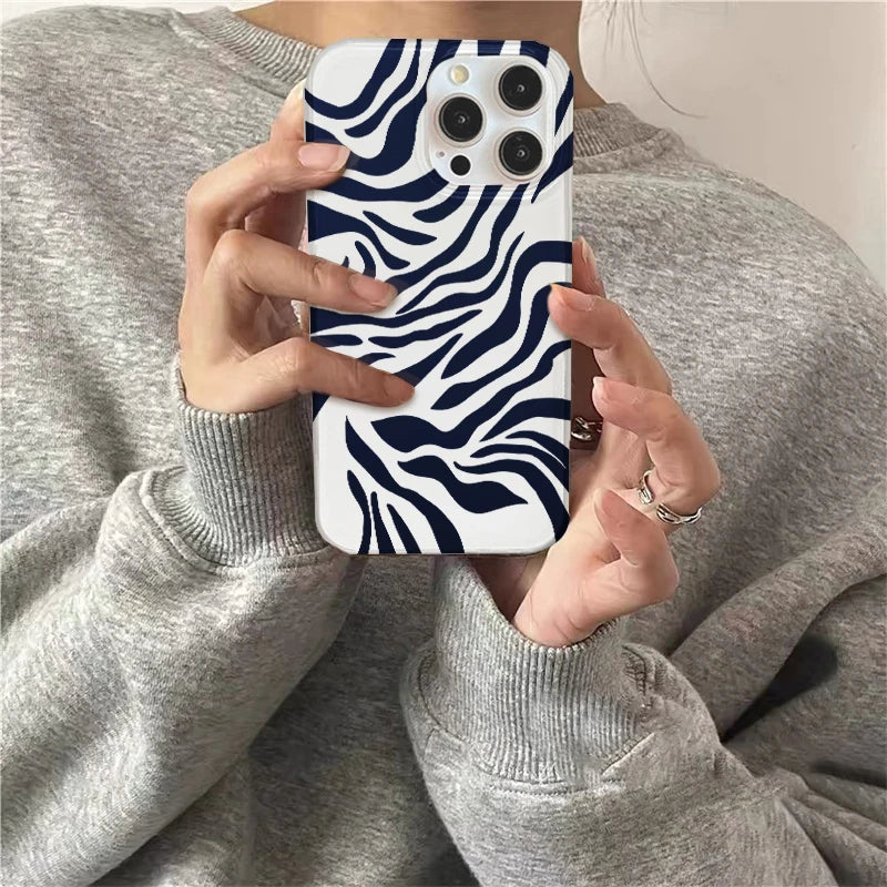 Crystal Transparent White IND Blue Zebra Pattern Phone Case for iPhone 11 12 13 14 15 16 17 Pro Max