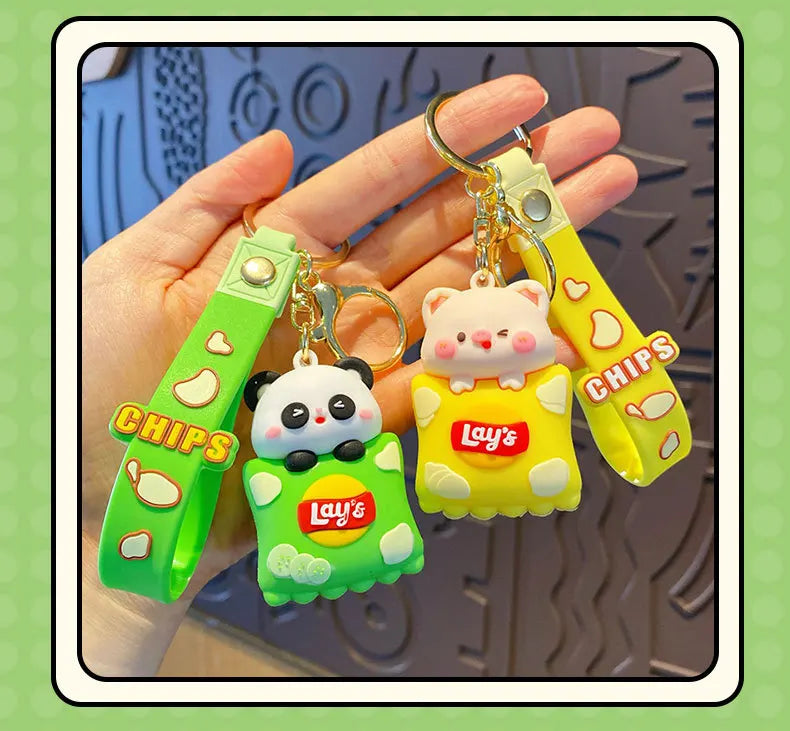 Potato Chips Snack Keychains Alloy & PVC Anime Cartoon Panda & Pig Unique Lobster Clasp Keyring Ideal for Bag Decoration & Gifts