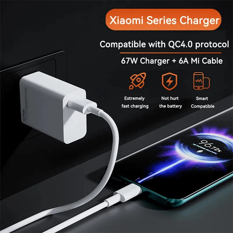 Xiaomi Original 67W USB Super Fast Charger Power Adapter For Mi 12 11 Poco X6 Redmi Note 13 12T Pro Turbo Charge Type C Cable
