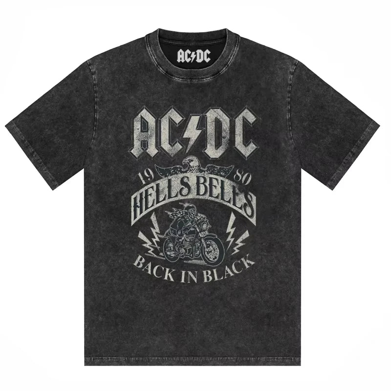 ACDC Band Printed T-shirt Washed Retro Old Short Sleeve Trendy Couple Comfortable Loose Casual Fashion New Men's Clothing