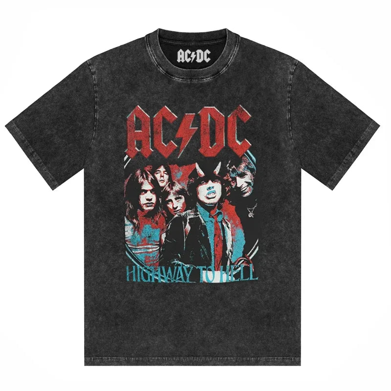 ACDC Band Printed T-Shirt Washed Retro Old Short Sleeve Trendy Couple Comfortable Loose Casual Fashion New Men'S Clothing