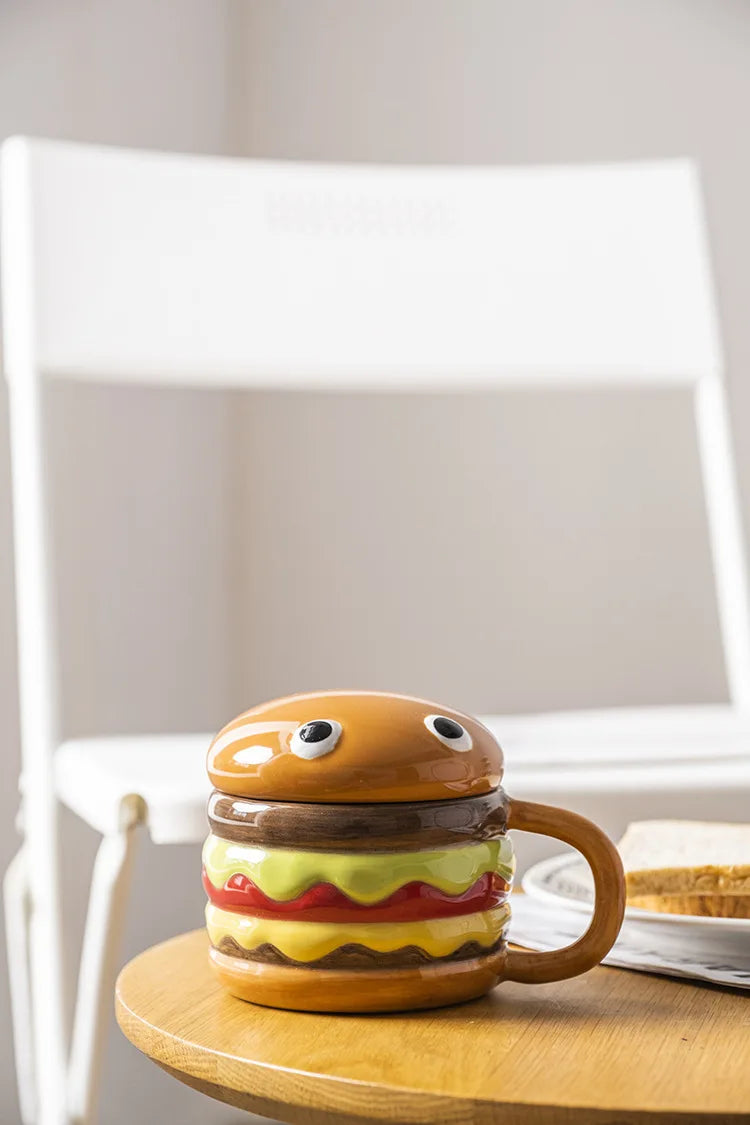 300ML Coffee Mugs Creative Hamburger Shaped Water Cup with Lid Cute and Cute Breakfast Cup Large Capacity Ceramic Hamburger Mug