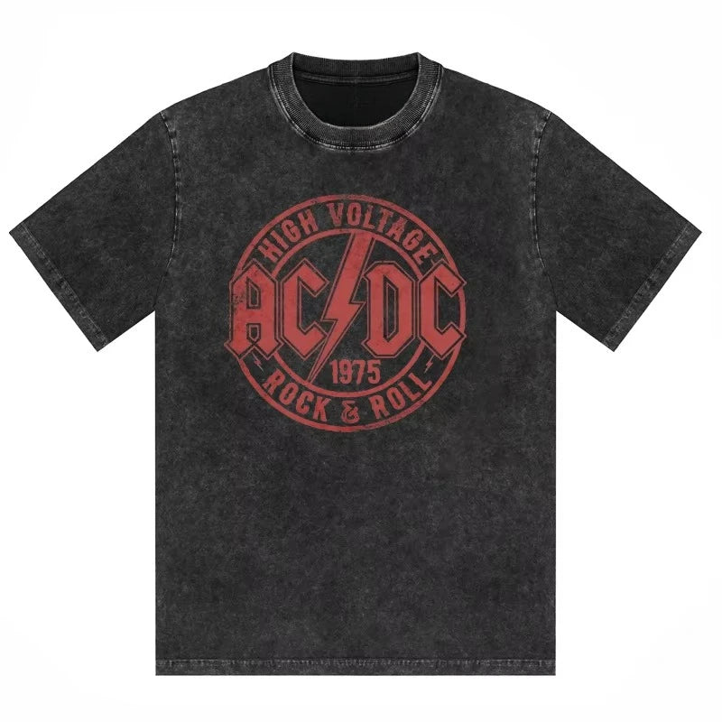 ACDC Band Printed T-shirt Washed Retro Old Short Sleeve Trendy Couple Comfortable Loose Casual Fashion New Men's Clothing 2025
