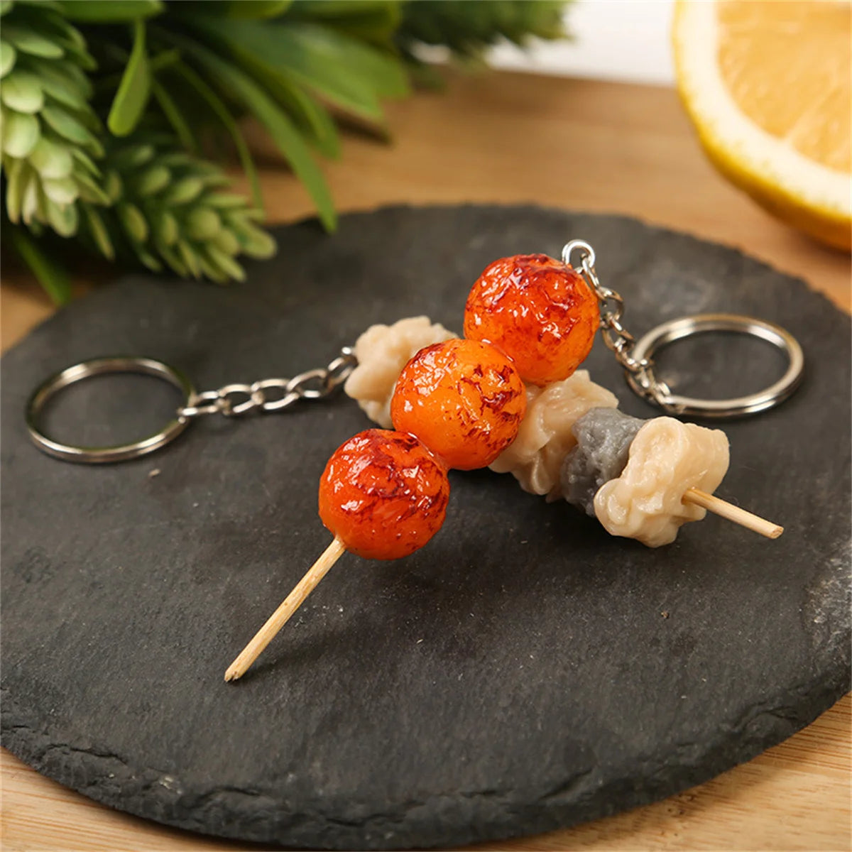 Creative PVC Simulation BBQ Skewers Food Keychain Resin Oden Squid Corn Meatball Keyring Restaurant Opening Gift Fashion Pendant