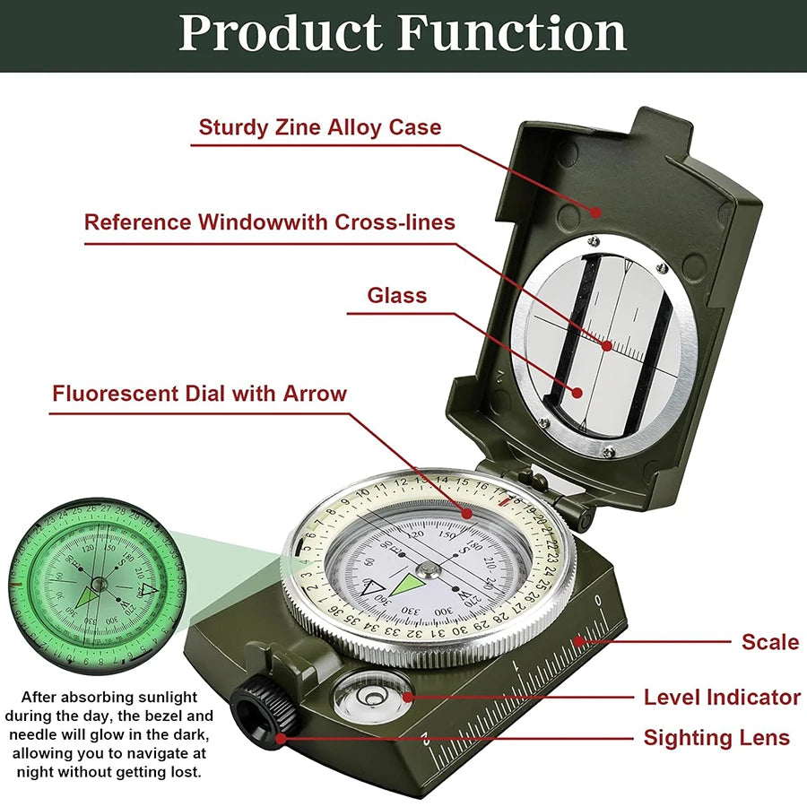 Tactical Survival Compass - Waterproof & Shockproof with Sighting Function, Carabiner & Pouch for Military Hiking Navigation