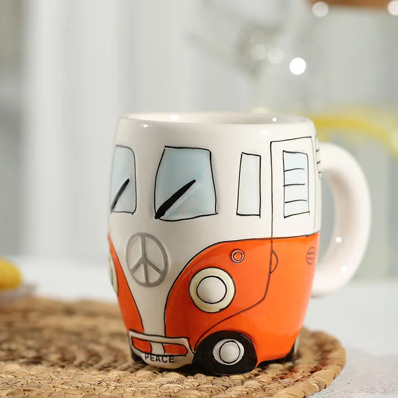 Creative Hand Painting Double Bus Mug Cartoon Ceramic Milk Tea Water Coffee Mugs Home Office School Drinkware Cup Novetly Gifts