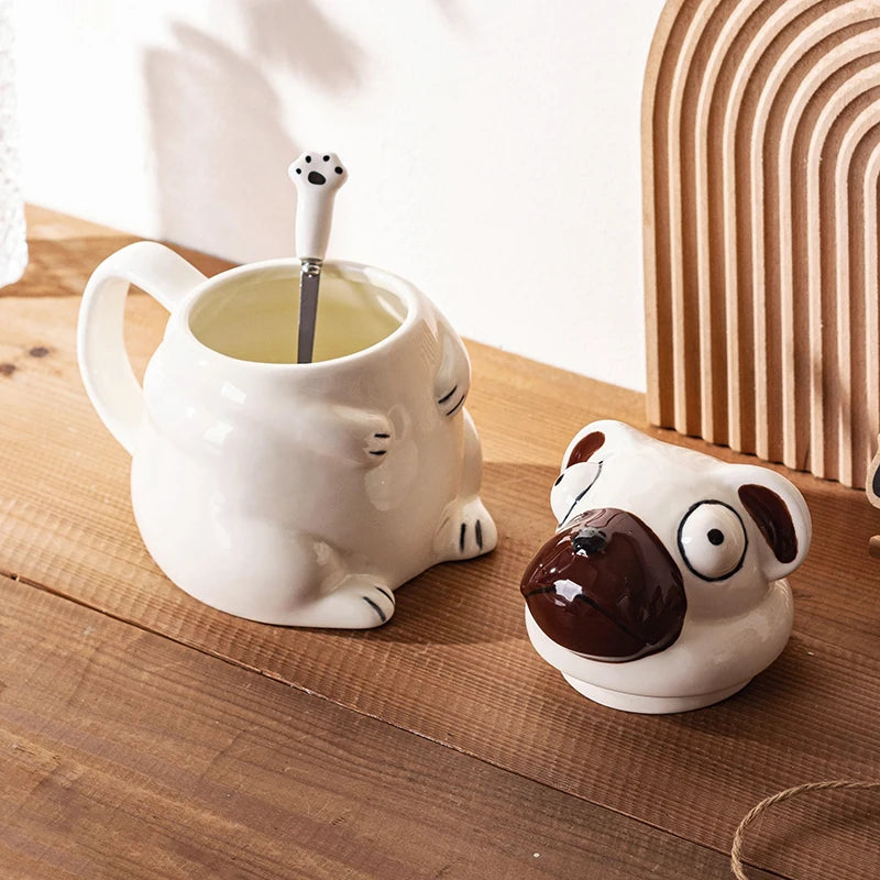 Creative Cartoon Pug Mug Ceramic Large Capacity Cute Water Cup with Lid Spoon Kitchen Drinkware Birthday Gift for Boyfriend