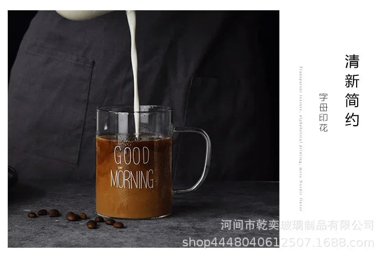 500ml Good Morning Glass Mug Coffee Milk Breakfast Cup Tumbler with Handle Transparent Drinkware Household Gift for Children Set