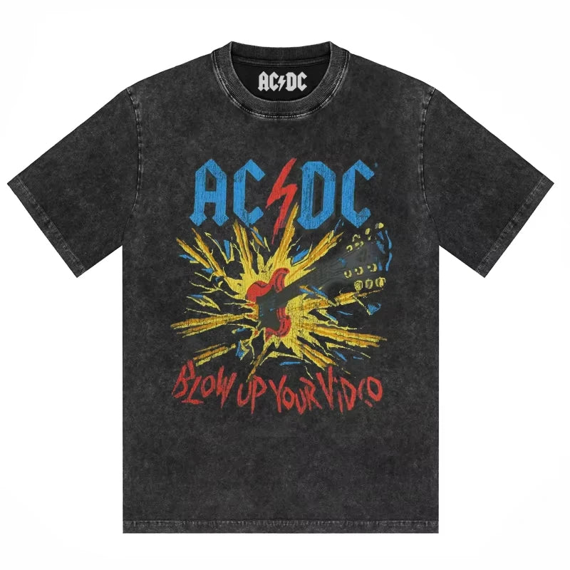 ACDC Band Printed T-shirt Washed Retro Old Short Sleeve Trendy Couple Comfortable Loose Casual Fashion New Men's Clothing