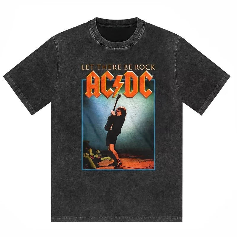 ACDC Band Printed T-shirt Washed Retro Old Short Sleeve Trendy Couple Comfortable Loose Casual Fashion New Men's Clothing 2025