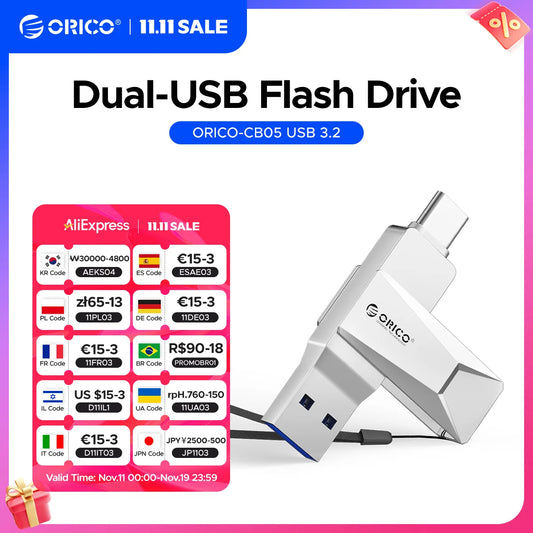 ORICO USB C Flash Drive Dual USB 3.2 Flash Drive Type C + USB A Portable Type-C Flash Drive 2-in-1 USB-C Thumb Drive