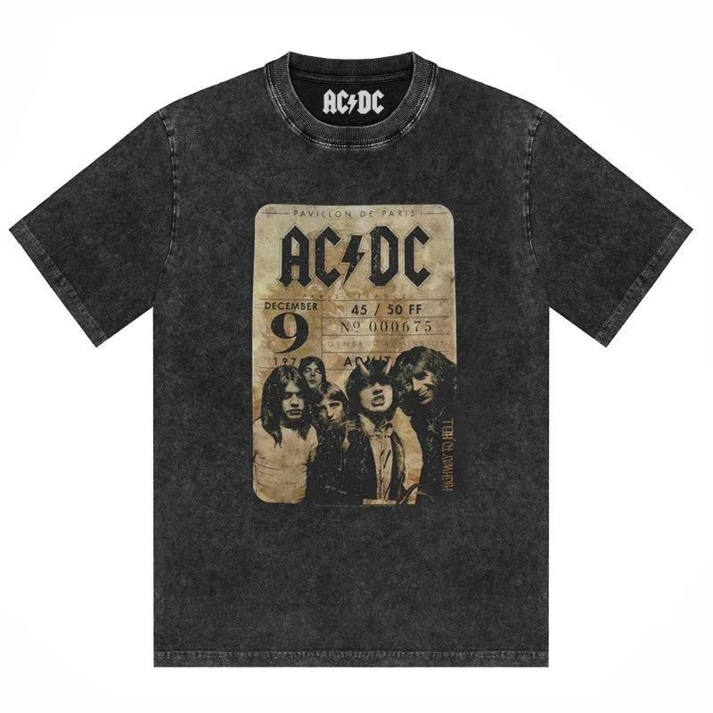 ACDC Band Printed T-Shirt Washed Retro Old Short Sleeve Trendy Couple Comfortable Loose Casual Fashion New Men'S Clothing