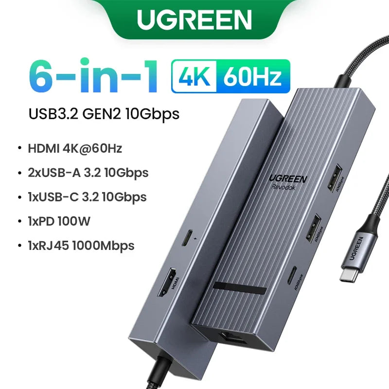 UGREEN 6 in 1 USB C HUB Gigabit Ethernet Adapter with 4K60Hz HDMI PD100W Charging 10Gbps USB A&C 3.2 Data Ports for Laptop iPad