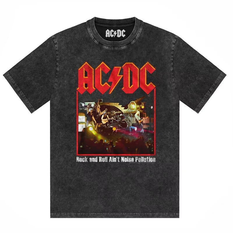 ACDC Band Printed T-shirt Washed Retro Old Short Sleeve Trendy Couple Comfortable Loose Casual Fashion New Men's Clothing