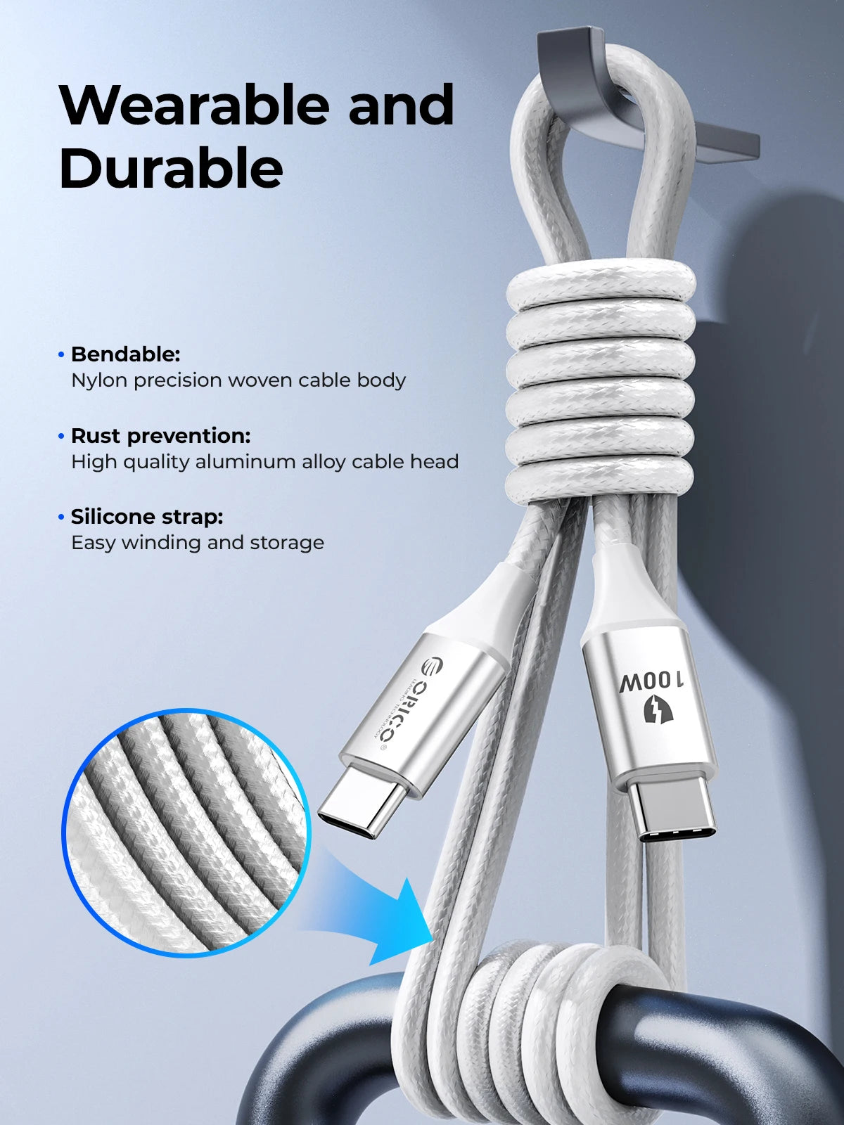 ORICO 100W USB C Cable Fast Charging Type C to USB C 20V5A Woven Design with Strip for iPhone15 Pro Max Huawei Mate 60 Xiaomi