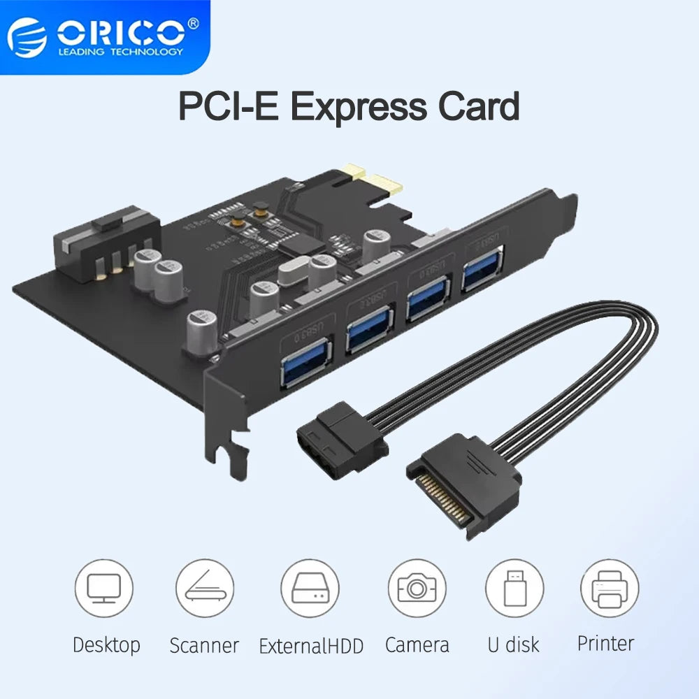 ORICO SuperSpeed 4 Port USB 3.0 PCI-E Express Card PCIE to 5Gbps 4 Port USB 3.0 PCI Express Expansion Card Adapter for Computer