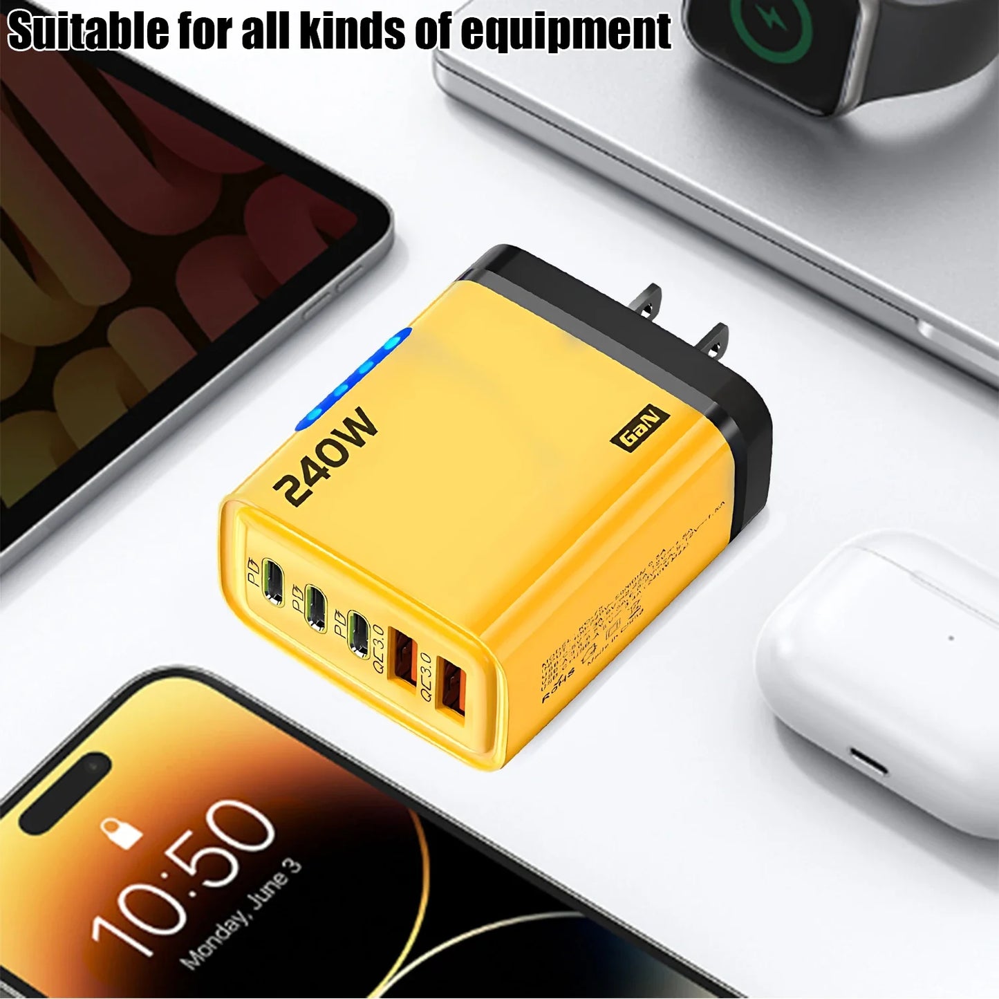 Xiaomi 5 in 1 240W  GaN Fast Charger With LED Light 2USB+3Type-C Multi Port Phone Charging Head For iPhone Huawei Laptop Tablets