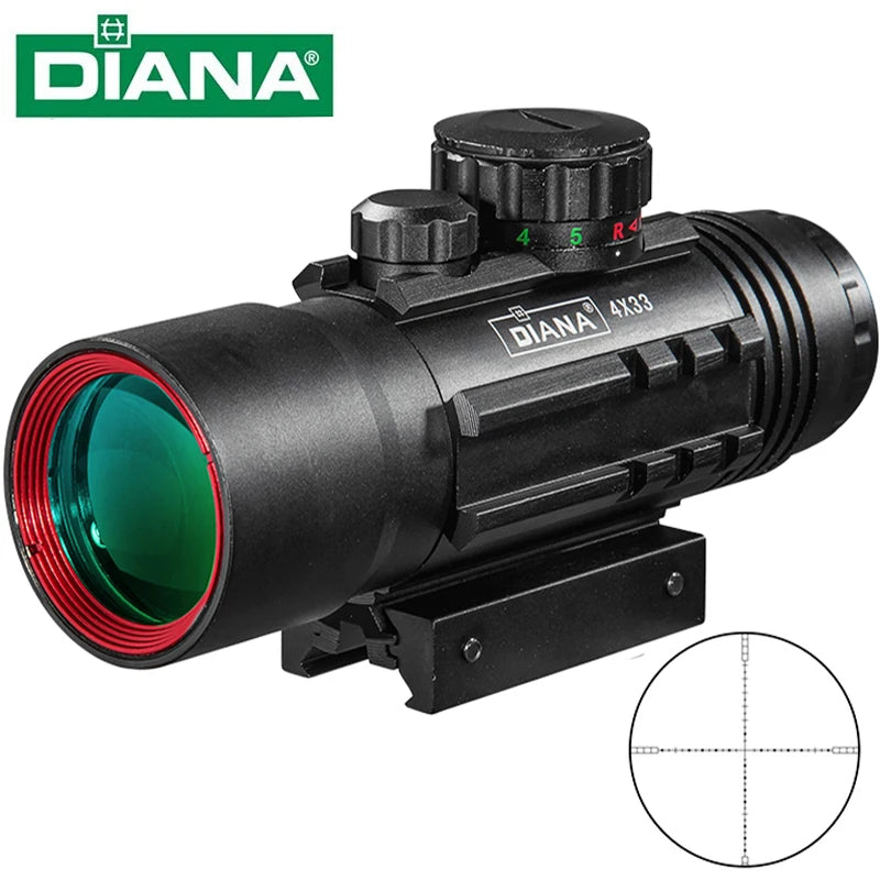 DIANA 4X33 Red and Green Dot Scope Tactical Optical Rifle Scope with rails for 11 / 20mm Orbital Rifle Scope