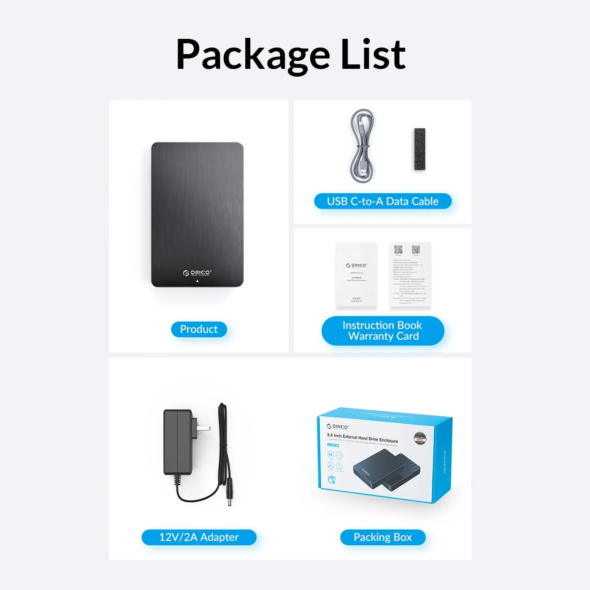 ORICO 3.5" HDD Case SATA to USB C 6Gbps External Hard Drive Case for 3.5 inch HDD Enclosure with 12V Power Adapter Support 18TB