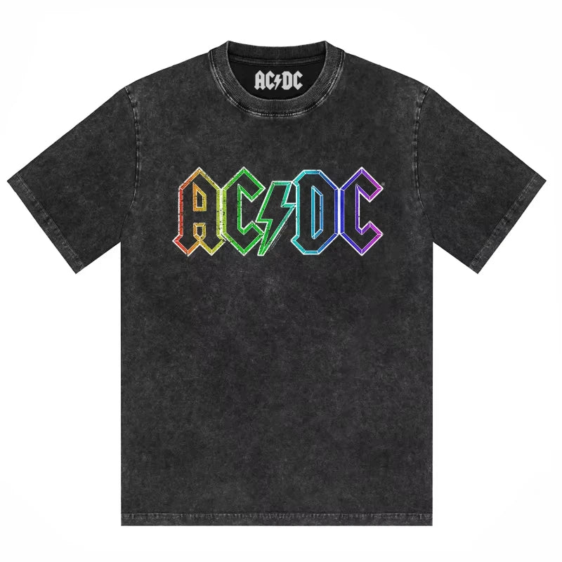 ACDC Band Printed T-shirt Washed Retro Old Short Sleeve Trendy Couple Comfortable Loose Casual Fashion New Men's Clothing