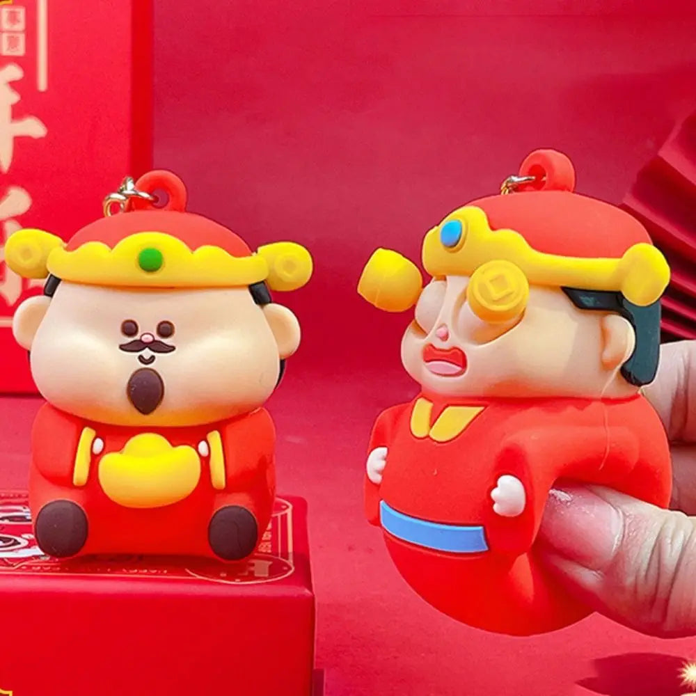 Creative Pinched Toys God of Wealth Keychain Lucky Blessing New Year Key Ring Traditional PVC Cartoon Pendant Kids