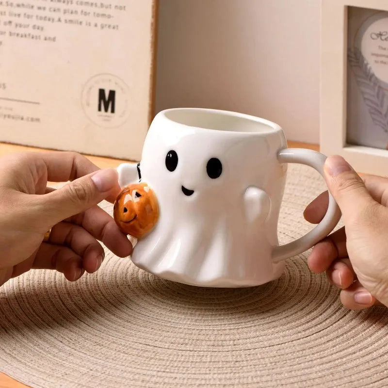 Cute Halloween Pumpkin Ghosts Ceramic Mugs Ceramic Drinking Glass With Handle Halloween Funny White Ghosts Coffee Cup
