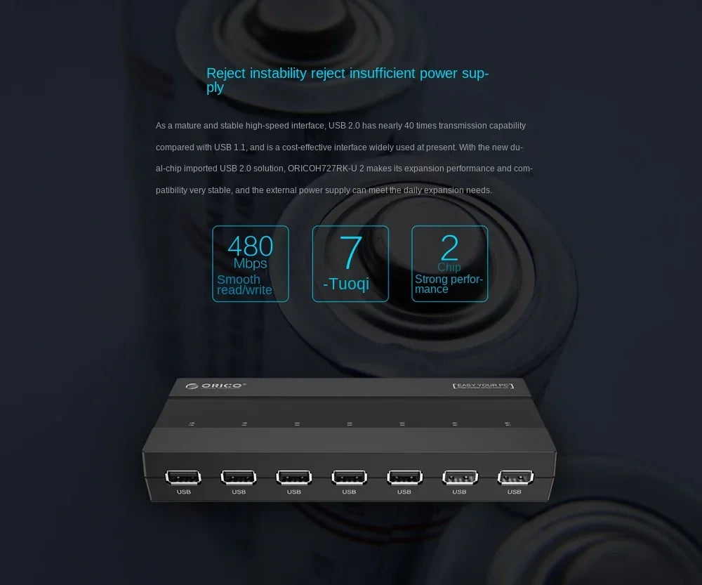ORICO USB HUB 2.0 Splitter 7-port USB2.0 HUB Hub OTG Adaptador with External Power Supply Suitable for Desktop Laptop Computers