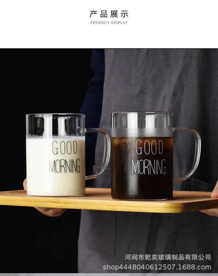 500ml Good Morning Glass Mug Coffee Milk Breakfast Cup Tumbler with Handle Transparent Drinkware Household Gift for Children Set
