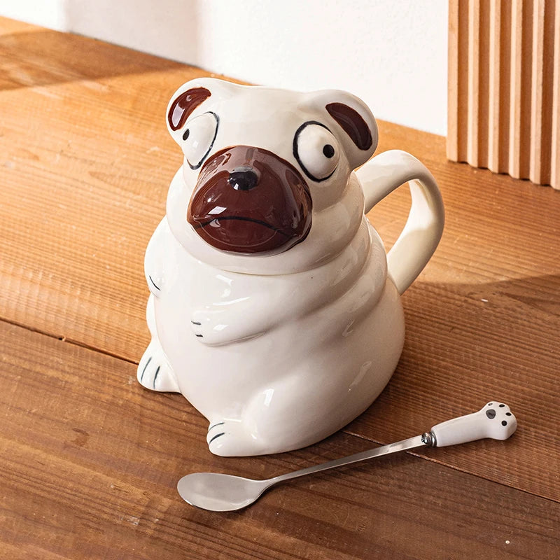 Creative Cartoon Pug Mug Ceramic Large Capacity Cute Water Cup with Lid Spoon Kitchen Drinkware Birthday Gift for Boyfriend