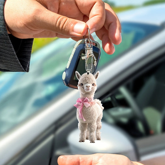 1 Cute Alpaca Acrylic Keychain 2D Graphic Design with Pink Bow Perfect for Car Rearview Mirror Home Decor PendantCarDecorations