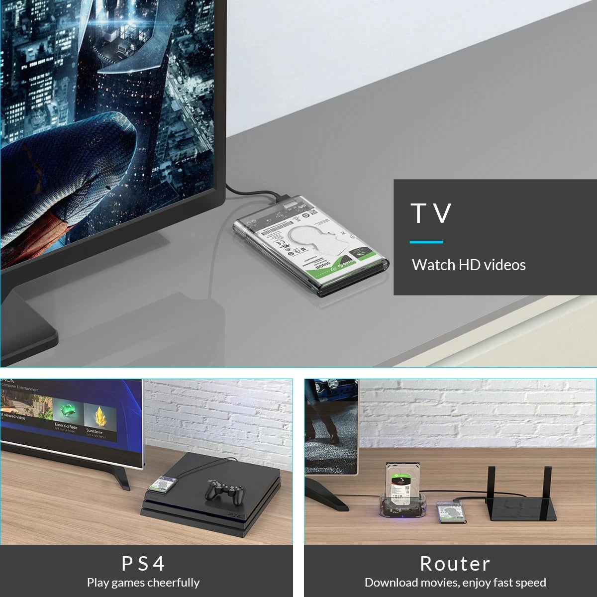 ORICO 2.5'' SATA to USB C Transparent HDD Case Tool Free 6Gbps Support 4TB UASP Protocol For 9.5mm Below Hard Drive Enclosure