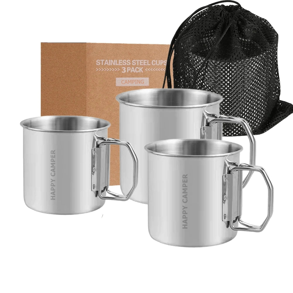 3Pcs Stackable Camping Mug Stainless Steel Portable Cups with Folding Handle Mesh Bag for Touring Trips Outdoor Camping Hiking