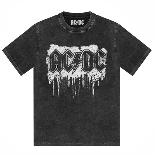 ACDC Band Printed T-shirt Washed Retro Old Short Sleeve Trendy Couple Comfortable Loose Casual Fashion New Men's Clothing