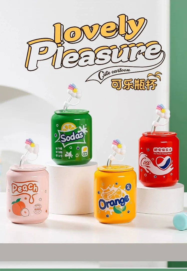 Fresh Creative Fruit Straw Cup Coke Soda Bottle Ceramic Mug with Lid Couple Souvenir Home Drinking Utensil Kitchen Appliance