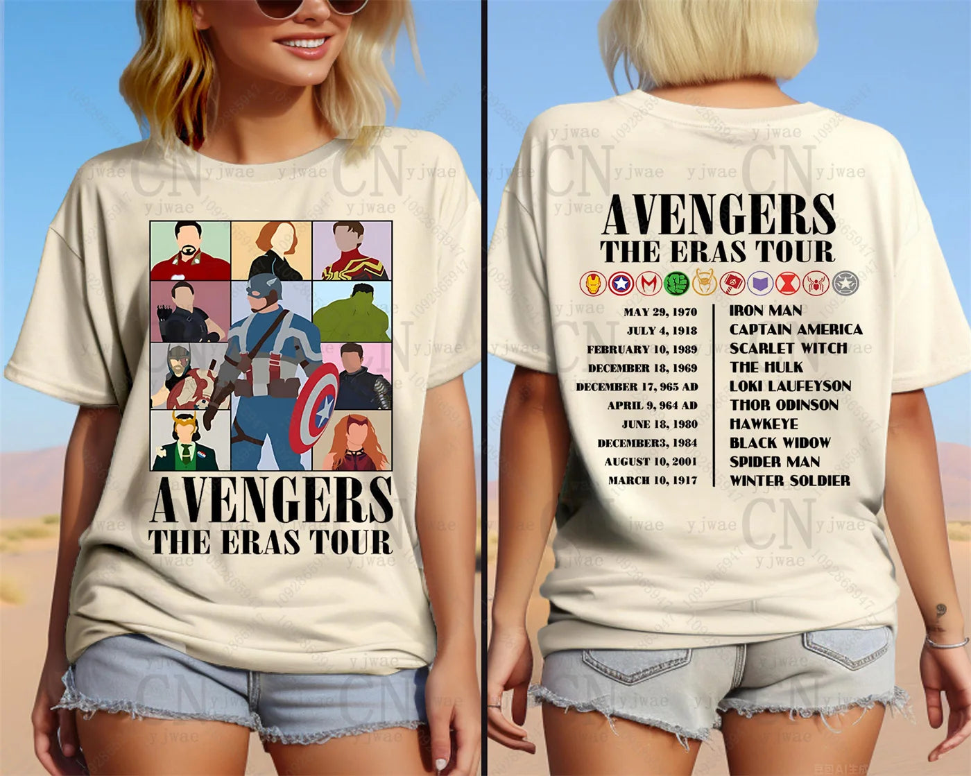 The Avengers Era Tour Shirt Superhero Captain America&Iron Man&Hulk&Spider Man Tee Fan Gift Summer Women's Casual Cotton T-shirt