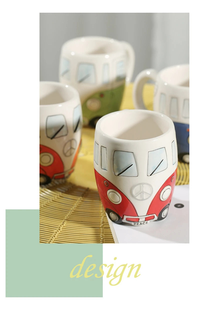 Creative Hand Painting Double Bus Mug Cartoon Ceramic Milk Tea Water Coffee Mugs Home Office School Drinkware Cup Novetly Gifts