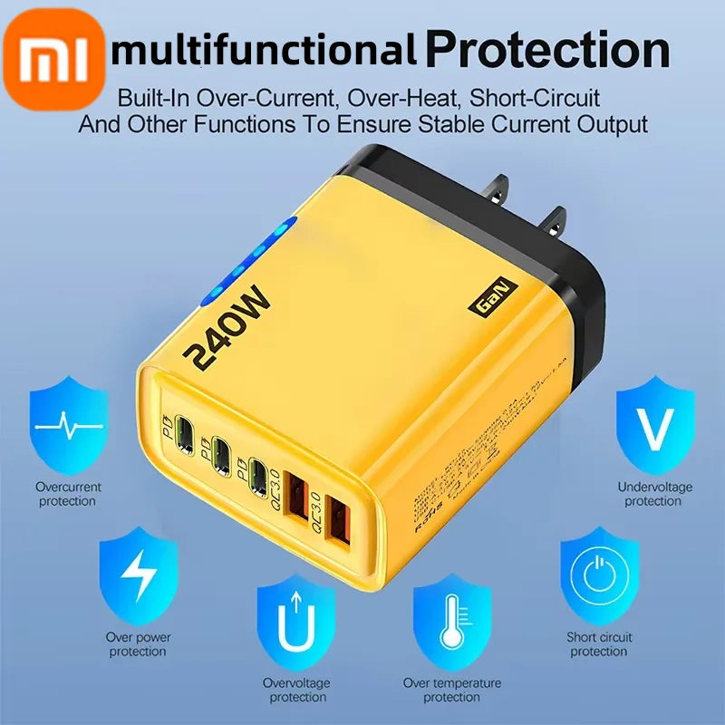 Xiaomi 5 in 1 240W  GaN Fast Charger With LED Light 2USB+3PD Multi Port Phone Charging Head For iPhone 17 16 Pro Huawei Laptop