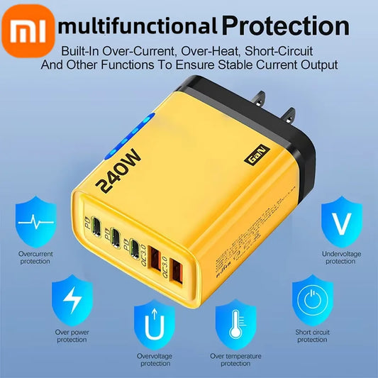 Xiaomi 5 in 1 240W  GaN Fast Charger With LED Light 2USB+3PD Multi Port Phone Charging Head For iPhone 17 16 Pro Huawei Laptop