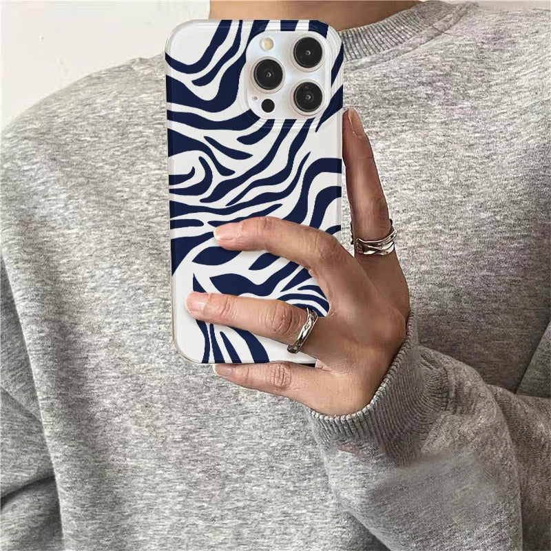 Crystal Transparent White IND Blue Zebra Pattern Phone Case for iPhone 11 12 13 14 15 16 17 Pro Max