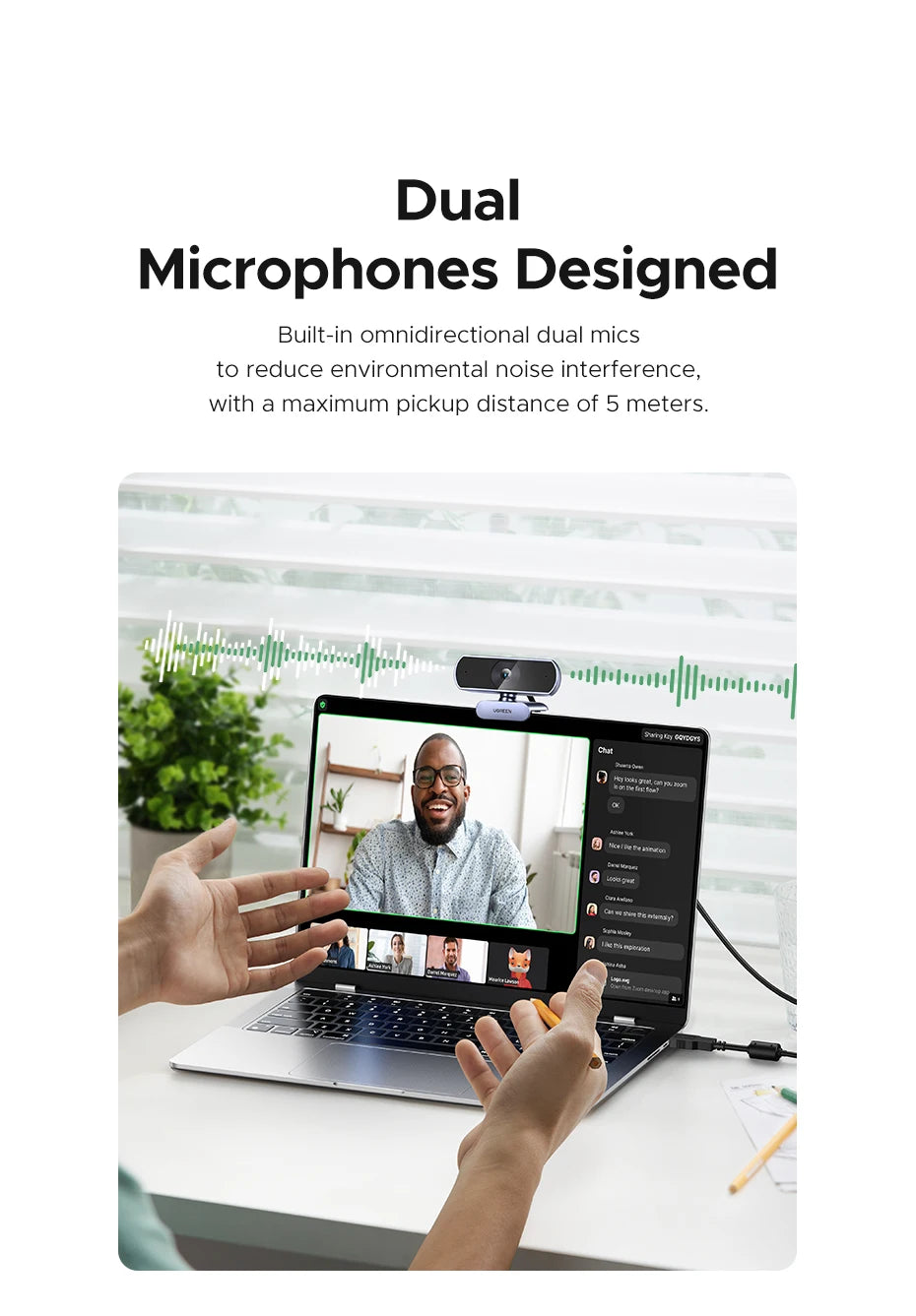 UGREEN 2K Webcam with Microphone, Full HD USB Web Camera, Adjustable FOV, Auto Light Correction, Video Webcam for Streaming