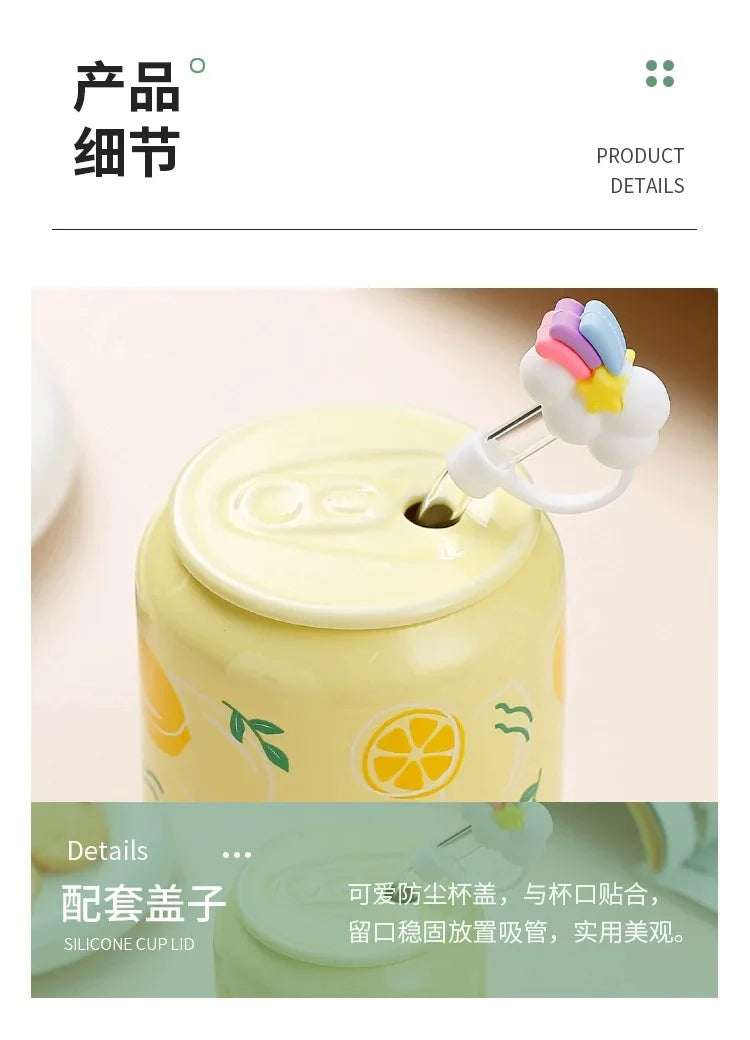 Fresh Creative Fruit Straw Cup Coke Soda Bottle Ceramic Mug with Lid Couple Souvenir Home Drinking Utensil Kitchen Appliance