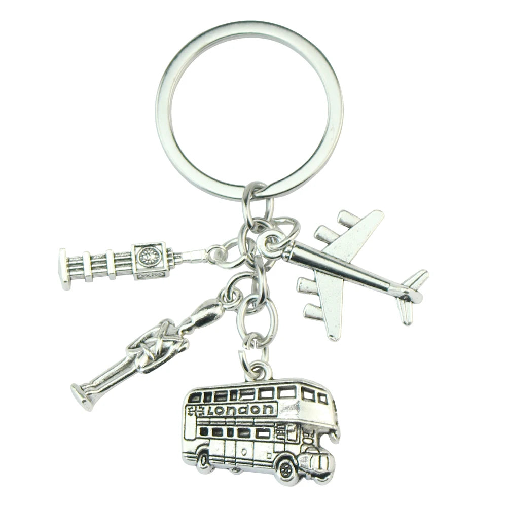 London Keychain Big Ben & Bus Charm Keyring with Camera - Engraved England Travel Souvenir Gift for Backpackers
