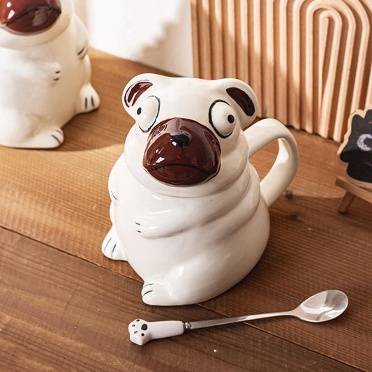 Creative Cartoon Pug Mug Ceramic Large Capacity Cute Water Cup with Lid Spoon Kitchen Drinkware Birthday Gift for Boyfriend