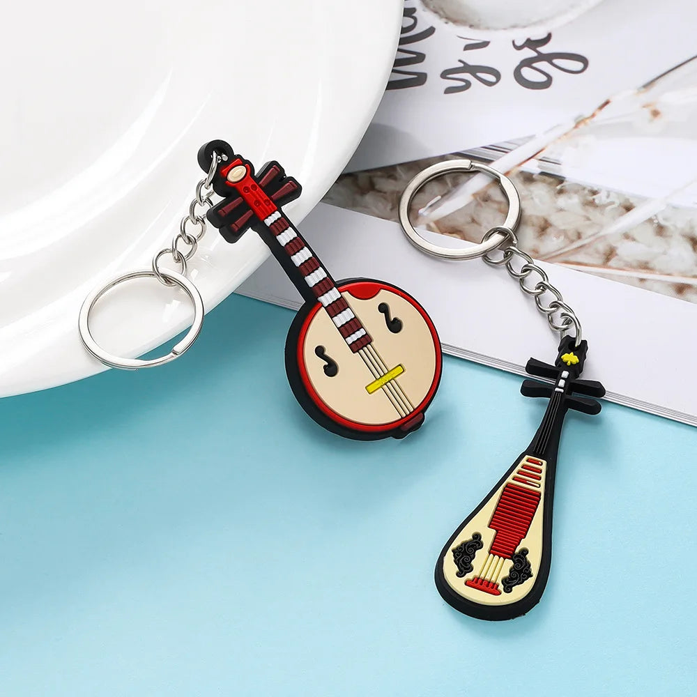 Cute Guitar Violin Piano Saxophone Keychains PVC Soft Rubber Cartoon Musical Instrument Keyring Car Backpack Pendant Accessories