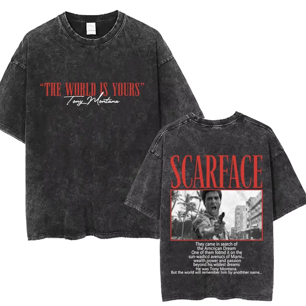 90s Classic Gangsters Movie Scarface Print T-shirts Tony Montana Al Pacino Vintage Washed Cotton Tshirt Men Women Rock T Shirts