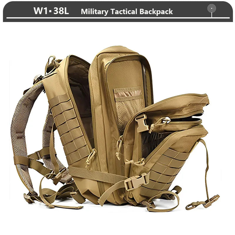 Tactical Backpack 3 Day Assault Pack Molle Bag 38/45L Large Outdoor Waterproof Hiking Camping Travel 600D Rucksack Men Fishing